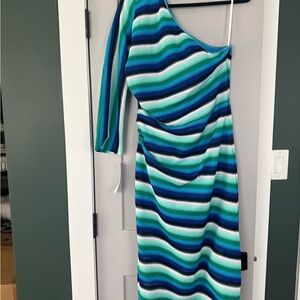 Donna Morgan One-Shoulder Striped Midi Dress in Blue & Green